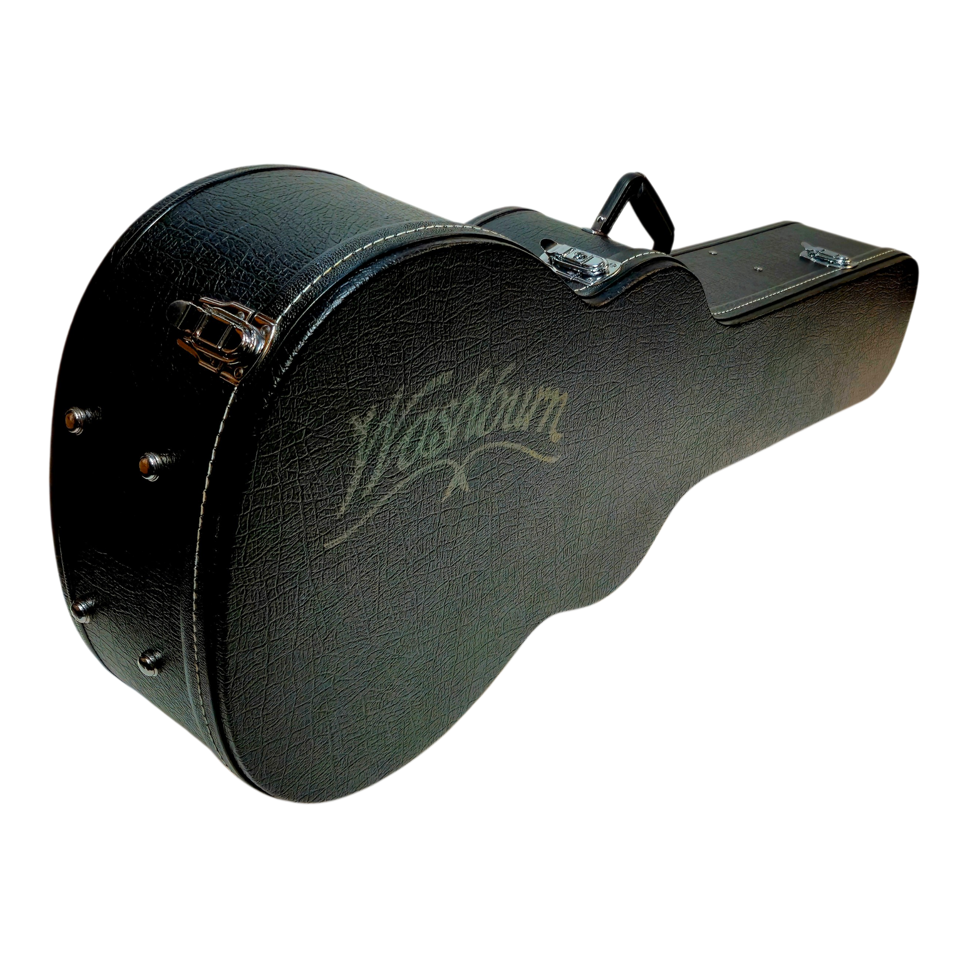 Washburn brand print on a Deluxe Acoustic Hard Case GCGADLX textured leatheroid exterior, metal chrome 5 locks, 4 chrome legs for vertical stand for minimal foot print